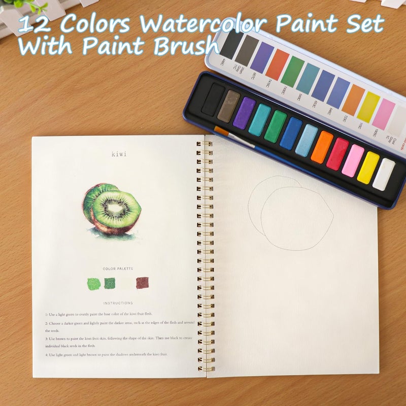DPWCVM Beginner Watercolor Painting Kit Watercolor Workbook Coloring Book 12 Colors Paint Set with Brush, Easily Master Beginner Friendly Watercolor Paint Set Gift for Adults Teens. (Fruit) - Image 4
